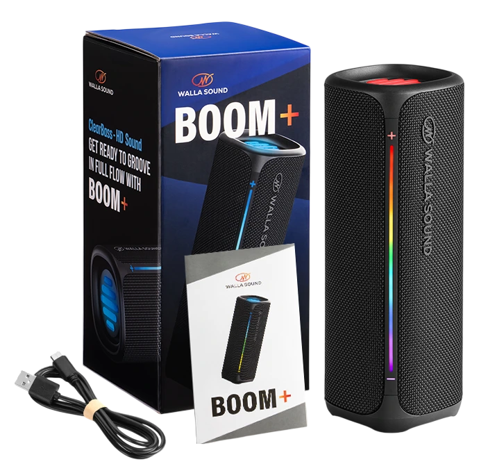 Walla Sound Boom+ speaker with retail box, charging cable, and manual